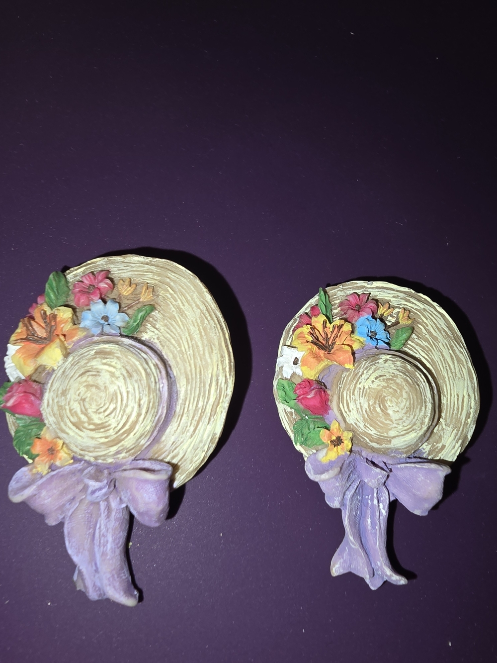 Vintage Set of 2 
Hat with Flowers and purple bow pin/brooch